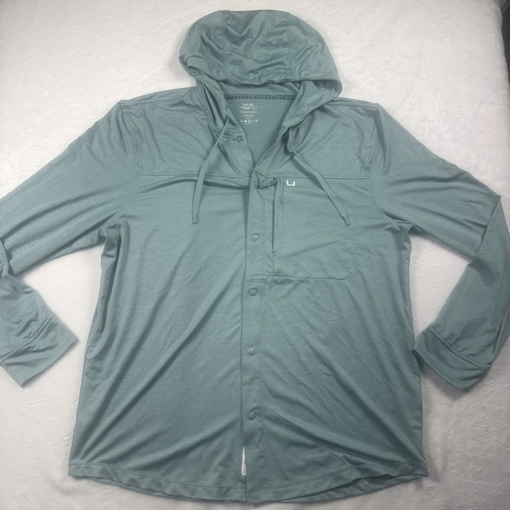 HUK Men's Watershed Hoodie Shirt Mineral Blue Large NWOT $80 Retail Lightweight